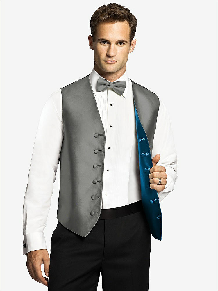 Front View - Charcoal Gray & Ocean Blue Reversible Tuxedo Vests by After Six
