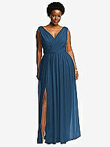 Front View Thumbnail - Dusk Blue Sleeveless Draped Chiffon Maxi Dress with Front Slit