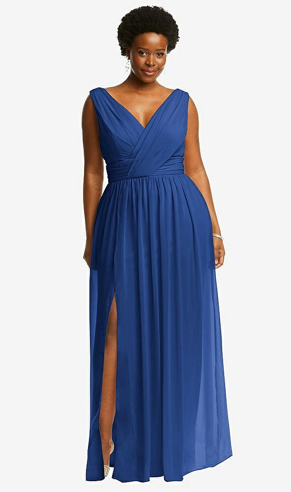 Front View - Classic Blue Sleeveless Draped Chiffon Maxi Dress with Front Slit