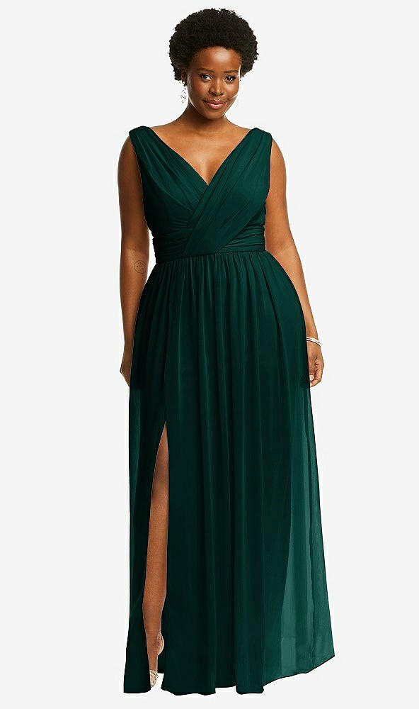 Front View - Evergreen Sleeveless Draped Chiffon Maxi Dress with Front Slit