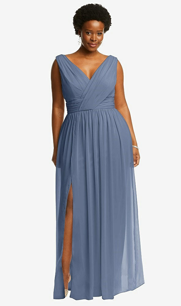 Front View - Larkspur Blue Sleeveless Draped Chiffon Maxi Dress with Front Slit