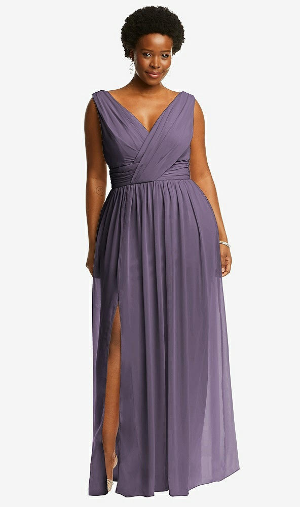 Front View - Lavender Sleeveless Draped Chiffon Maxi Dress with Front Slit