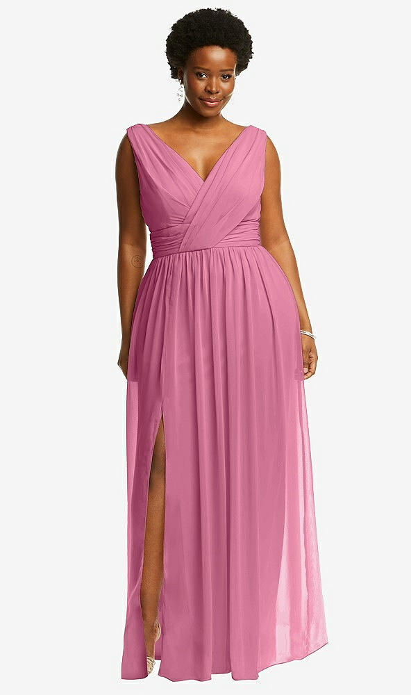 Front View - Orchid Pink Sleeveless Draped Chiffon Maxi Dress with Front Slit