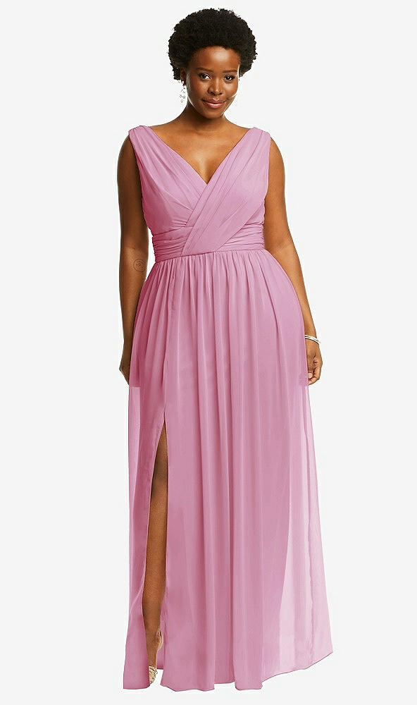 Front View - Powder Pink Sleeveless Draped Chiffon Maxi Dress with Front Slit