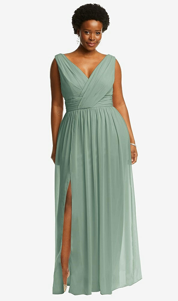 Front View - Seagrass Sleeveless Draped Chiffon Maxi Dress with Front Slit