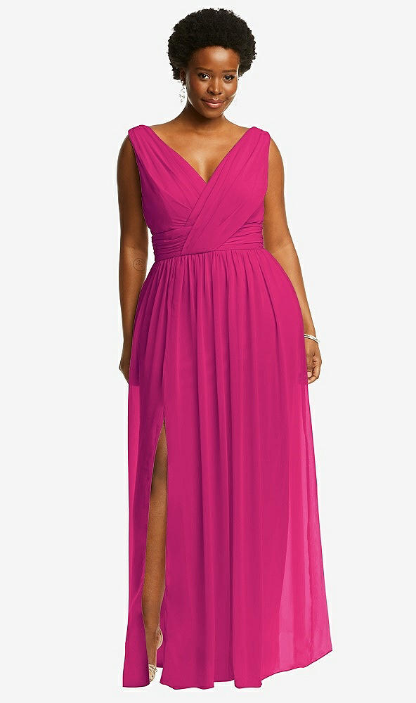 Front View - Think Pink Sleeveless Draped Chiffon Maxi Dress with Front Slit