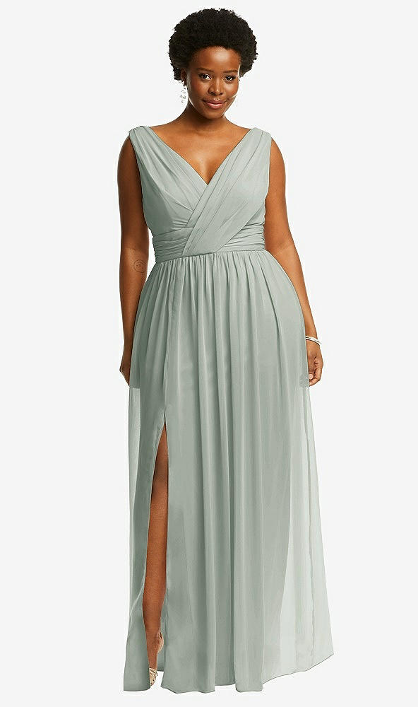 Front View - Willow Green Sleeveless Draped Chiffon Maxi Dress with Front Slit