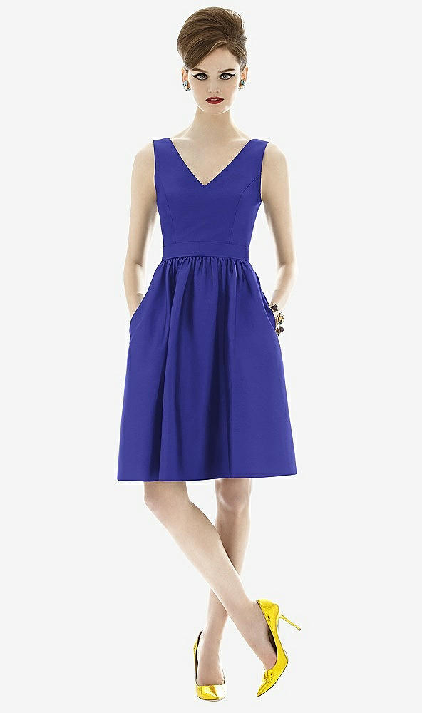 Front View - Electric Blue Sleeveless Natural Wais Cocktail Length Dress