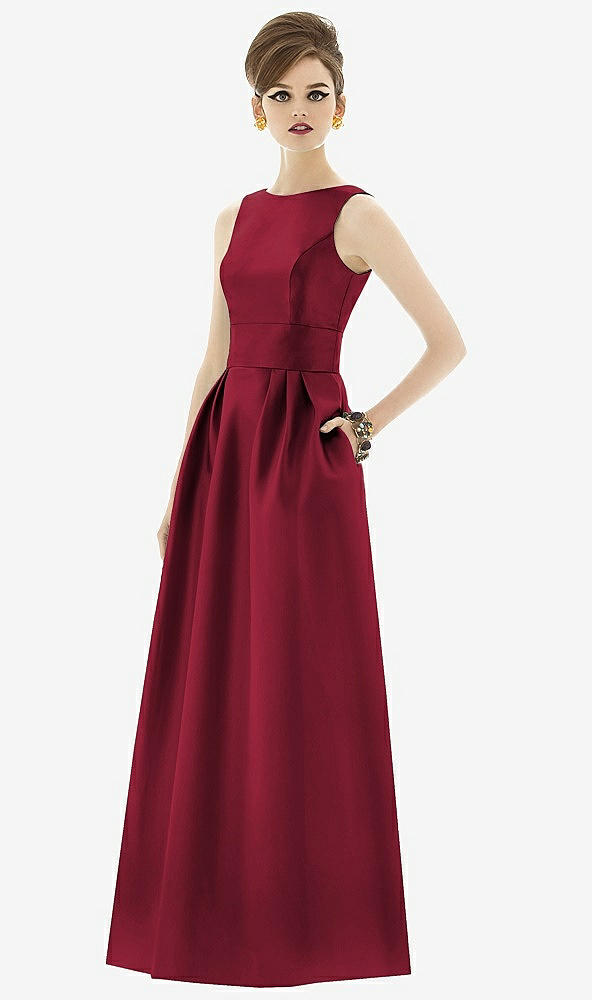 Front View - Burgundy Alfred Sung Open Back Satin Twill Gown D661