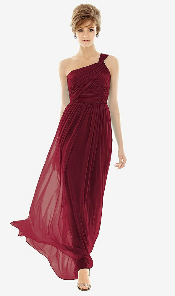 Front View - Burgundy One Shoulder Assymetrical Draped Bodice Dress