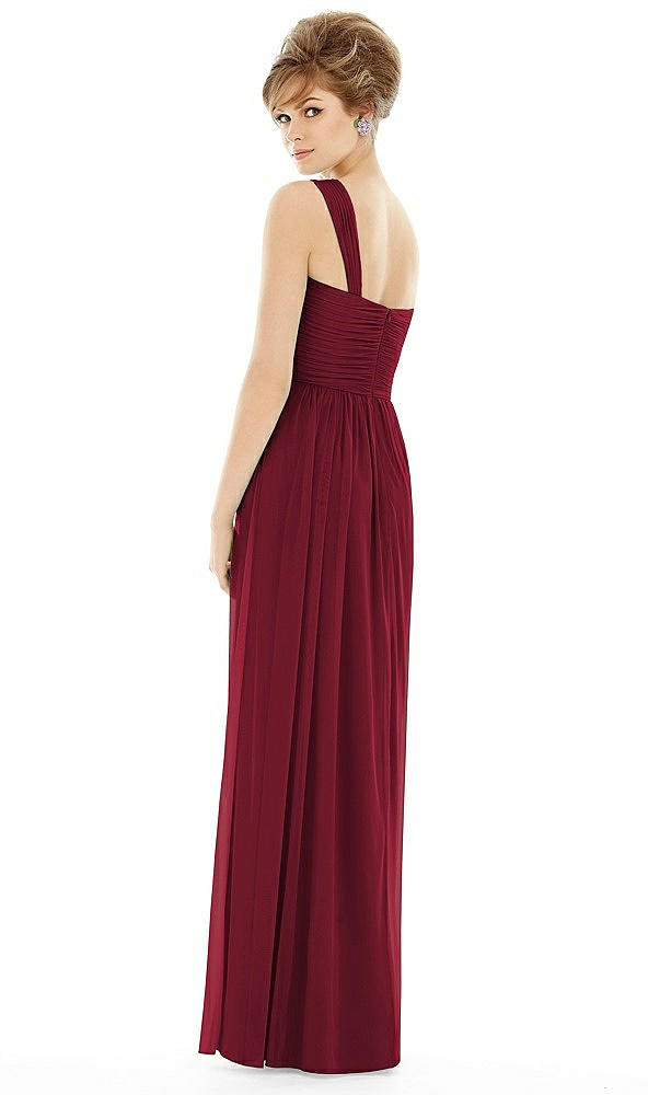 Back View - Burgundy One Shoulder Assymetrical Draped Bodice Dress