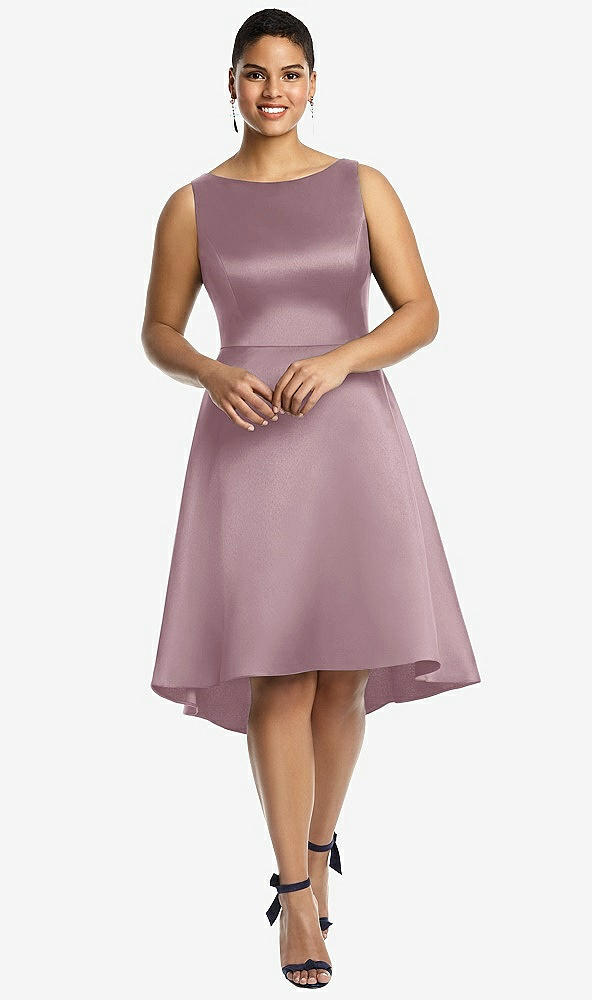 Front View - Dusty Rose Bateau Neck Satin High Low Cocktail Dress
