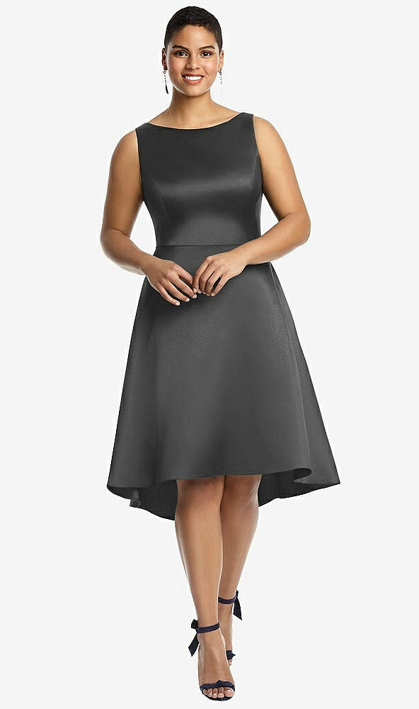 Front View - Pewter Bateau Neck Satin High Low Cocktail Dress