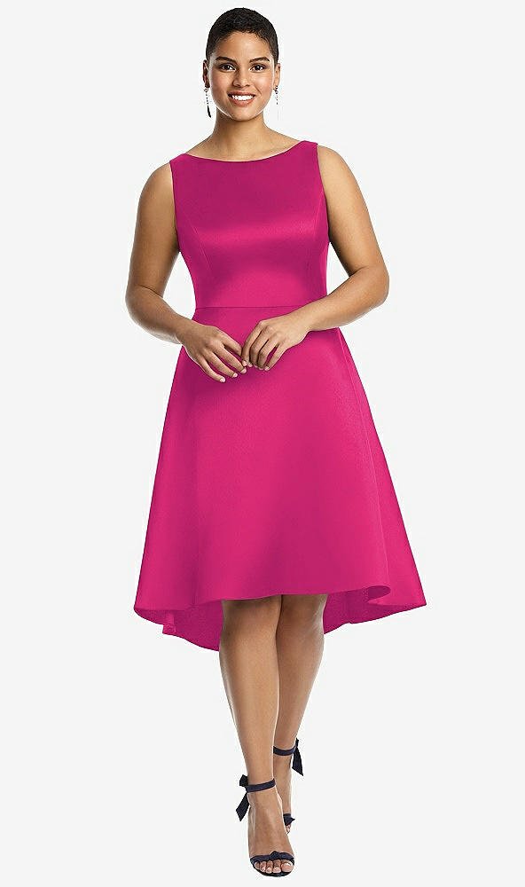 Front View - Think Pink Bateau Neck Satin High Low Cocktail Dress