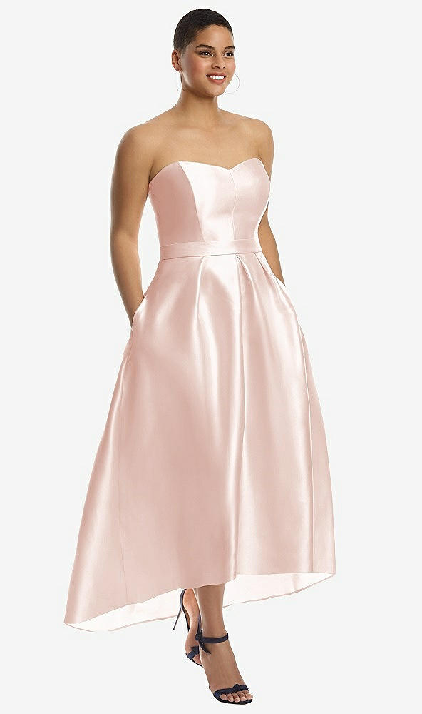 Front View - Blush & Blush Strapless Satin High Low Dress with Pockets