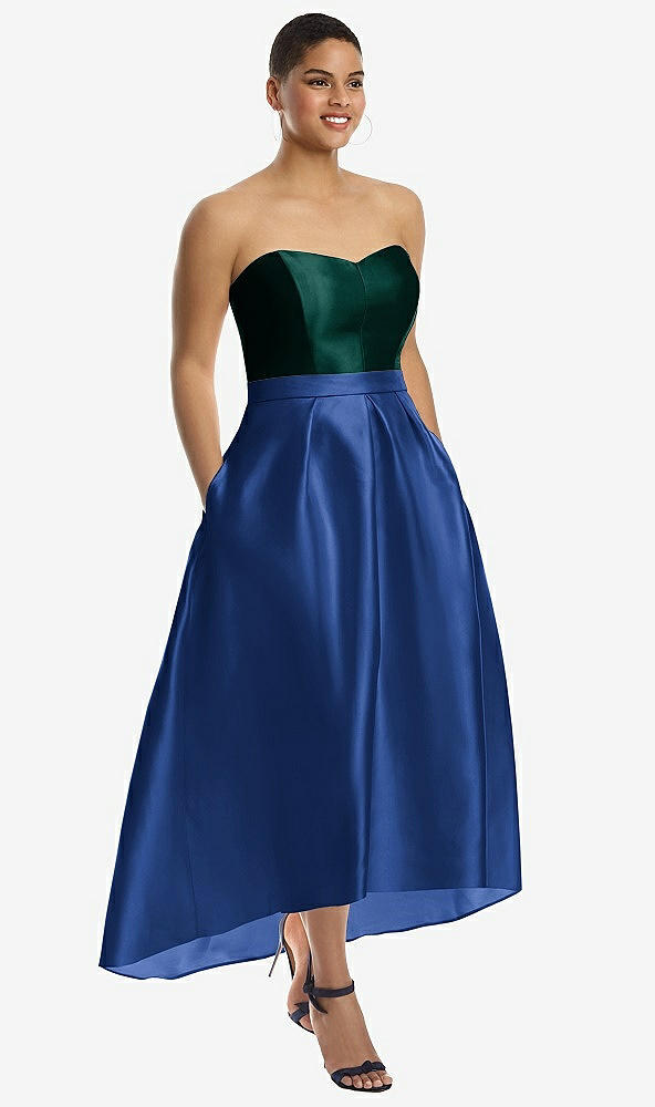 Front View - Classic Blue & Evergreen Strapless Satin High Low Dress with Pockets