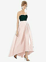Alt View 1 Thumbnail - Blush & Evergreen Strapless Satin High Low Dress with Pockets