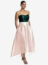 Front View Thumbnail - Blush & Evergreen Strapless Satin High Low Dress with Pockets