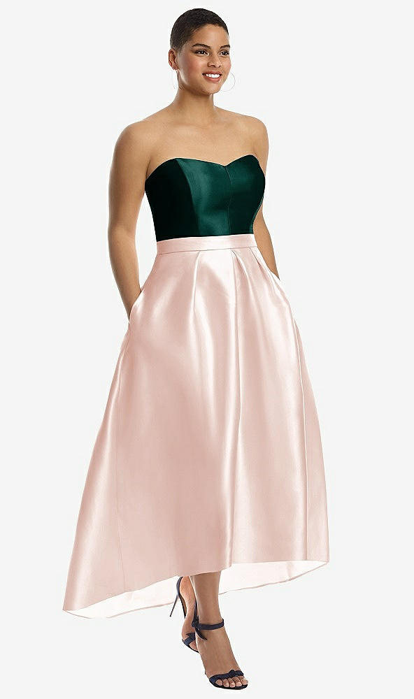 Front View - Blush & Evergreen Strapless Satin High Low Dress with Pockets