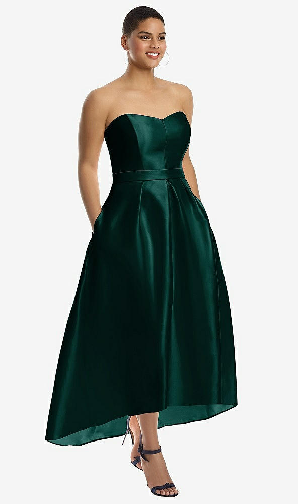 Front View - Evergreen Strapless Satin High Low Dress with Pockets