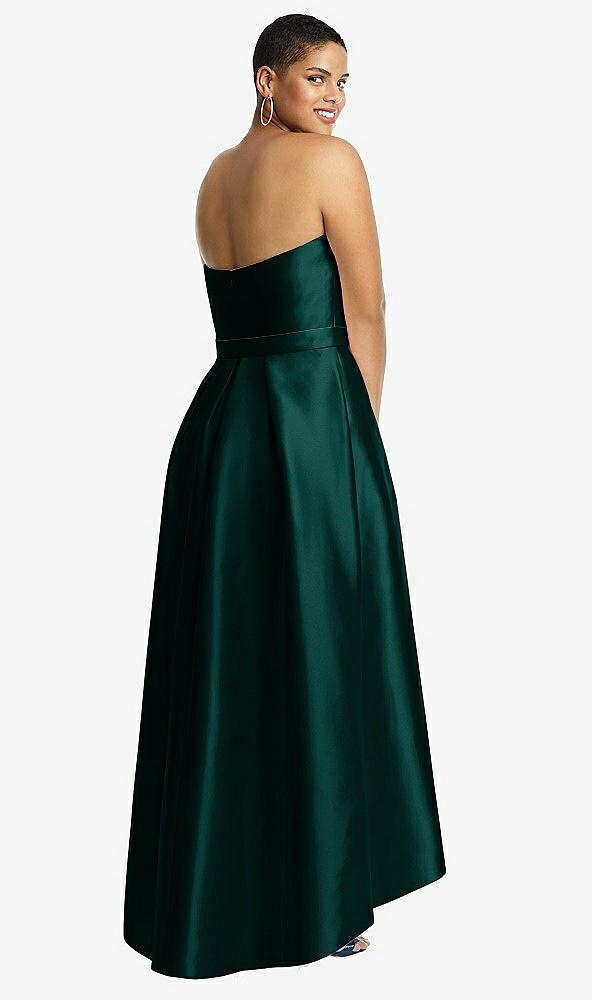 Back View - Evergreen Strapless Satin High Low Dress with Pockets