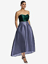 Front View Thumbnail - French Blue & Evergreen Strapless Satin High Low Dress with Pockets