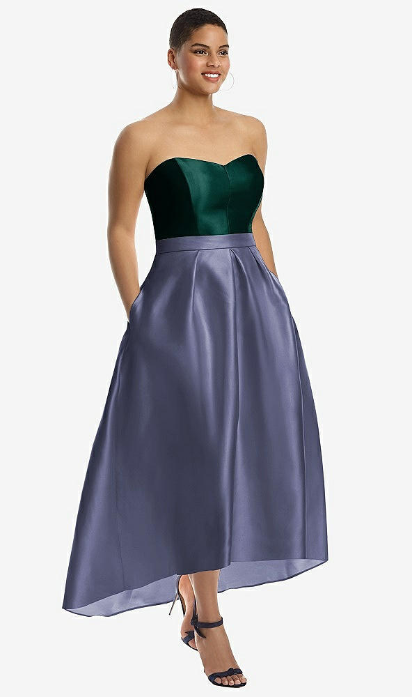 Front View - French Blue & Evergreen Strapless Satin High Low Dress with Pockets