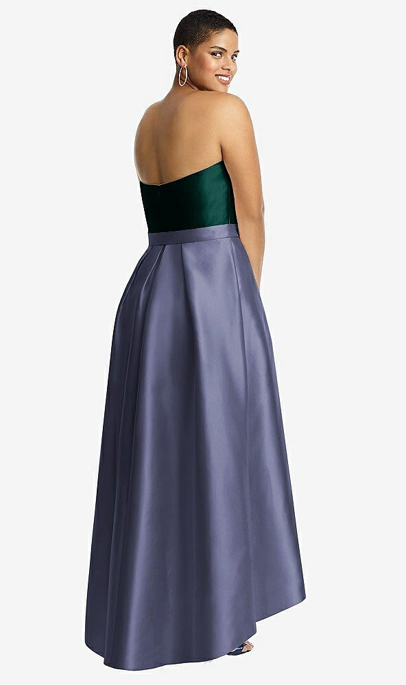 Back View - French Blue & Evergreen Strapless Satin High Low Dress with Pockets