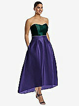 Front View Thumbnail - Grape & Evergreen Strapless Satin High Low Dress with Pockets