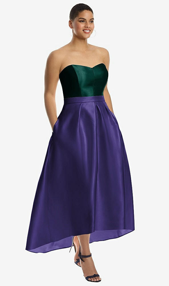 Front View - Grape & Evergreen Strapless Satin High Low Dress with Pockets