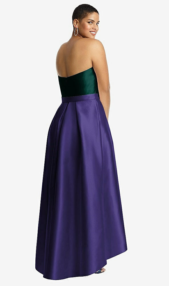 Back View - Grape & Evergreen Strapless Satin High Low Dress with Pockets