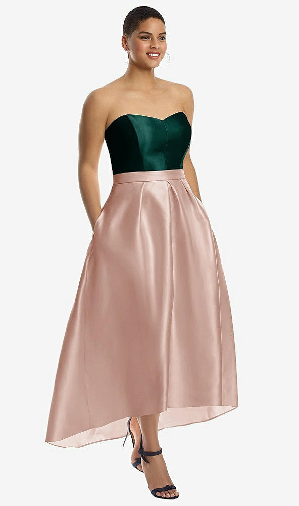 Front View - Toasted Sugar & Evergreen Strapless Satin High Low Dress with Pockets