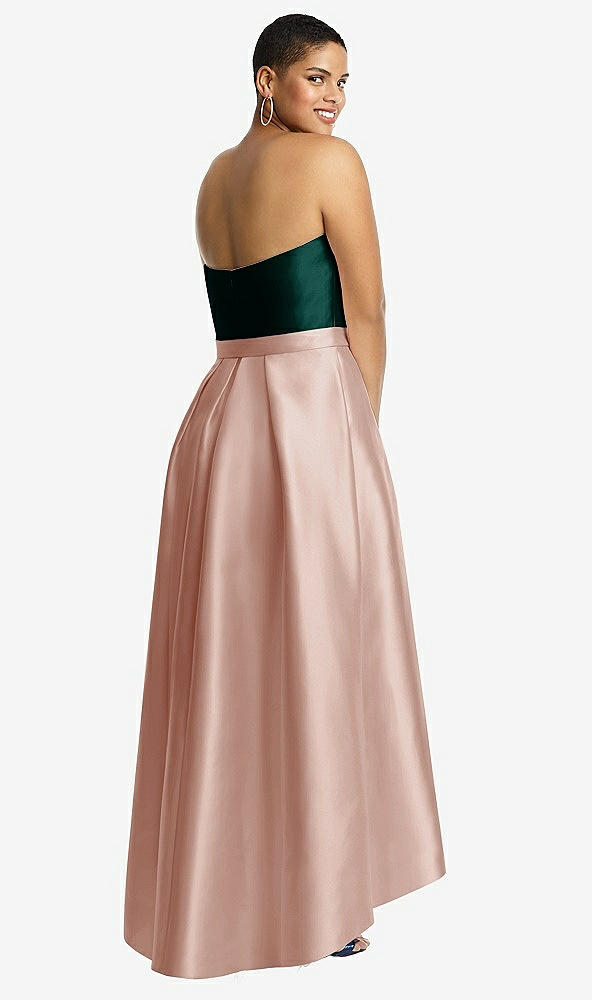 Back View - Toasted Sugar & Evergreen Strapless Satin High Low Dress with Pockets