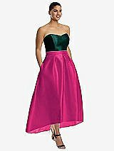 Front View Thumbnail - Think Pink & Evergreen Strapless Satin High Low Dress with Pockets