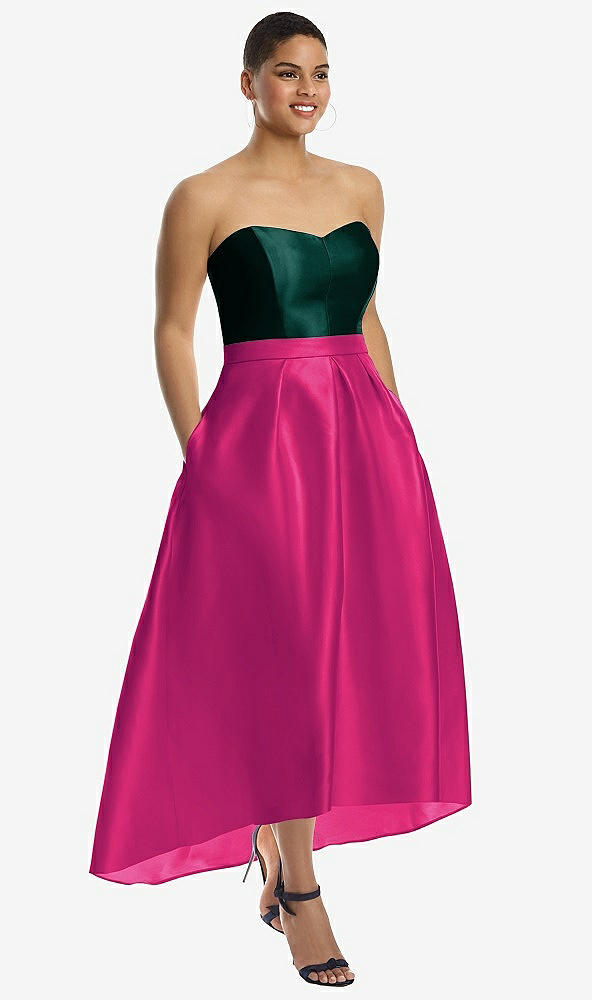 Front View - Think Pink & Evergreen Strapless Satin High Low Dress with Pockets