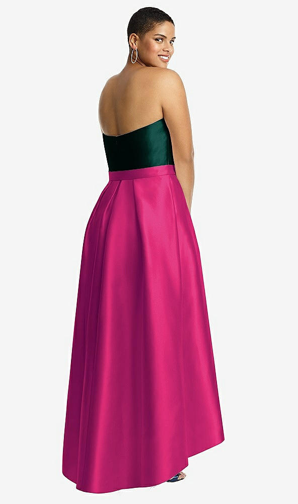 Back View - Think Pink & Evergreen Strapless Satin High Low Dress with Pockets