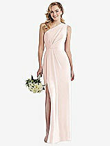 Front View Thumbnail - Blush One-Shoulder Draped Bodice Column Gown