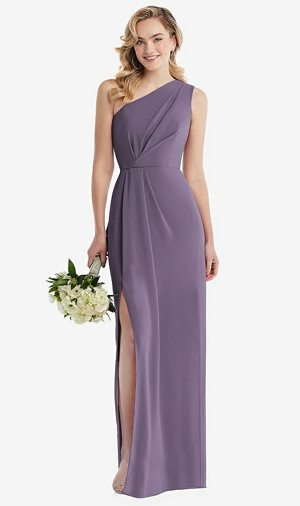 Front View - Lavender One-Shoulder Draped Bodice Column Gown