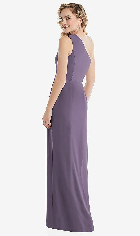 Back View - Lavender One-Shoulder Draped Bodice Column Gown