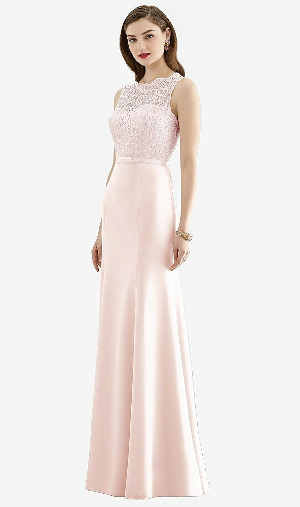 Front View - Blush Lace Bodice Open-Back Trumpet Gown with Bow Belt