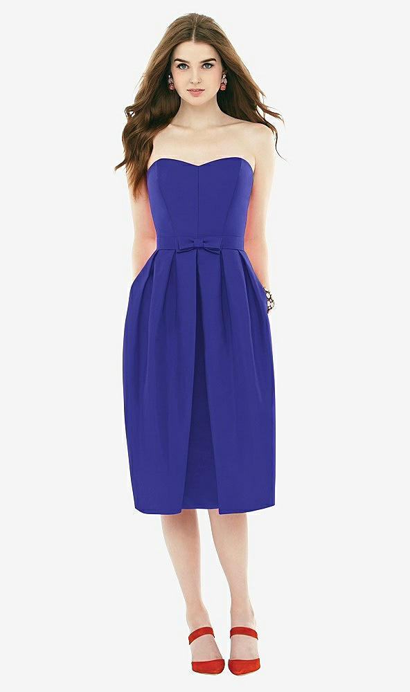 Front View - Electric Blue Midi Natural Waist Strapless Dress