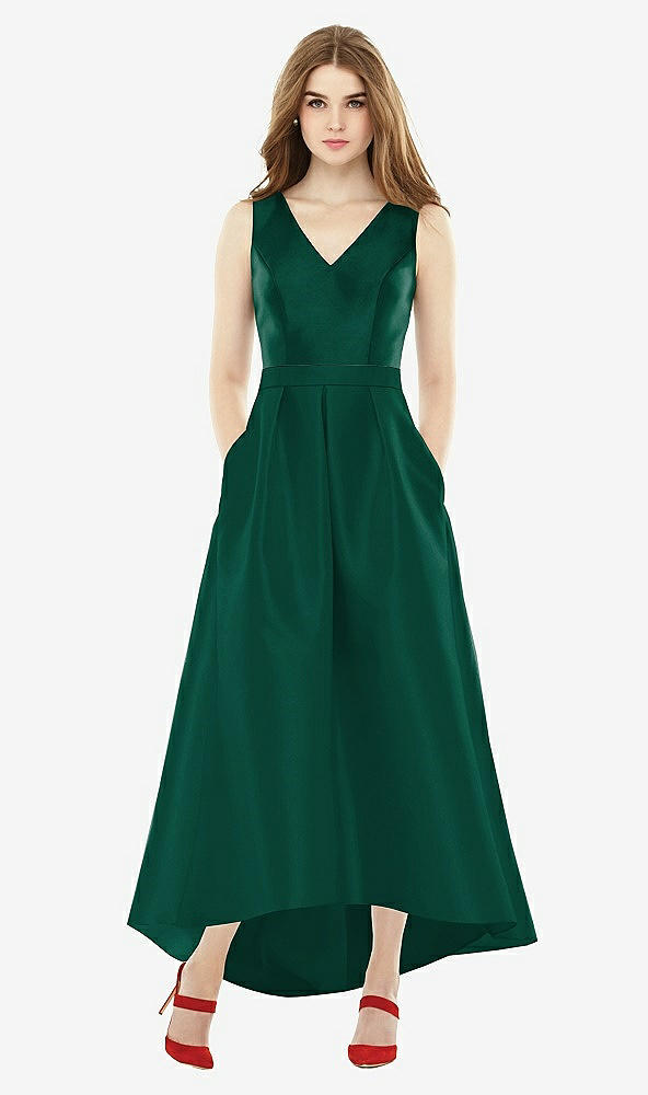 Front View - Hunter Green & Hunter Green Sleeveless Pleated Skirt High Low Dress with Pockets