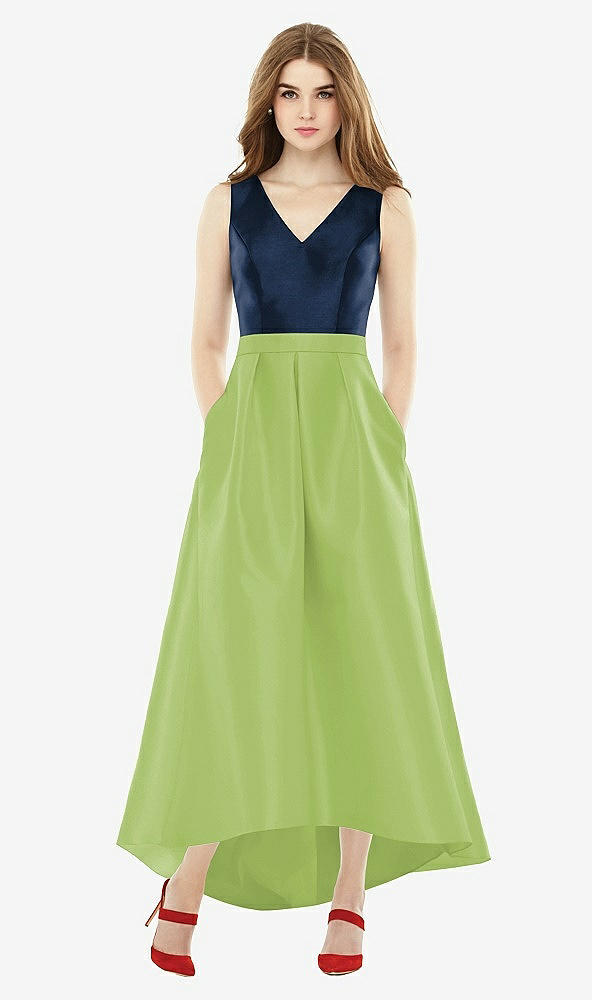 Front View - Mojito & Midnight Navy Sleeveless Pleated Skirt High Low Dress with Pockets