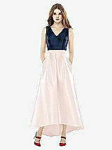 Front View Thumbnail - Blush & Midnight Navy Sleeveless Pleated Skirt High Low Dress with Pockets