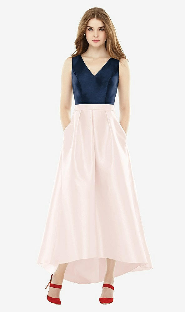 Front View - Blush & Midnight Navy Sleeveless Pleated Skirt High Low Dress with Pockets