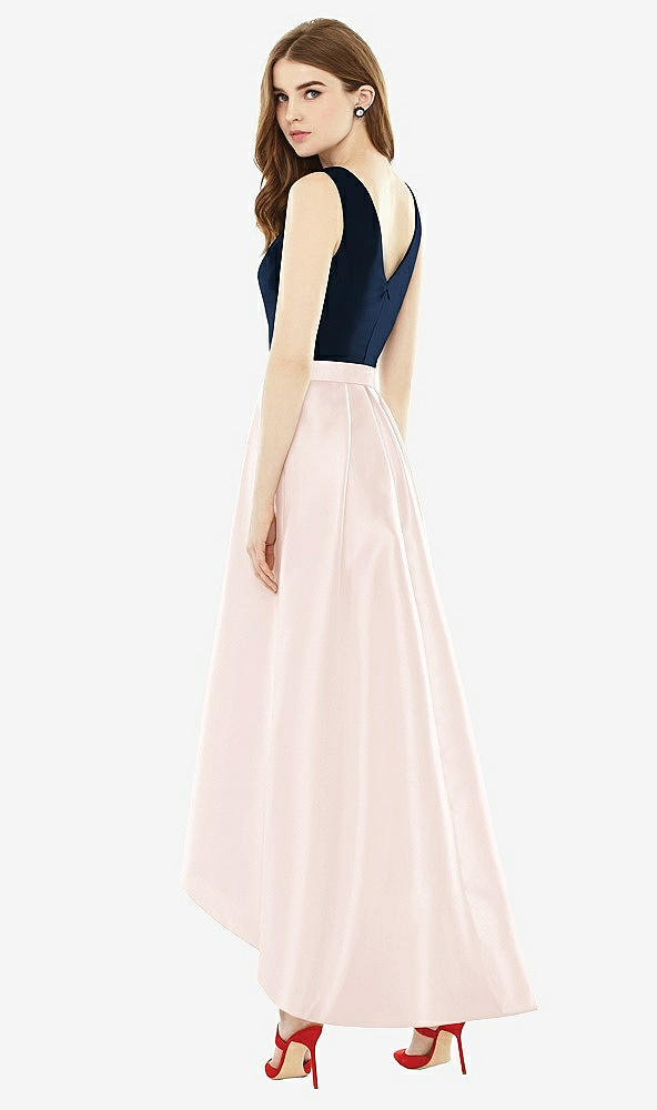 Back View - Blush & Midnight Navy Sleeveless Pleated Skirt High Low Dress with Pockets