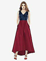 Front View Thumbnail - Burgundy & Midnight Navy Sleeveless Pleated Skirt High Low Dress with Pockets