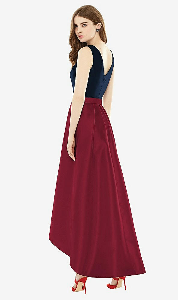 Back View - Burgundy & Midnight Navy Sleeveless Pleated Skirt High Low Dress with Pockets