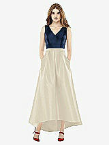 Front View Thumbnail - Champagne & Midnight Navy Sleeveless Pleated Skirt High Low Dress with Pockets
