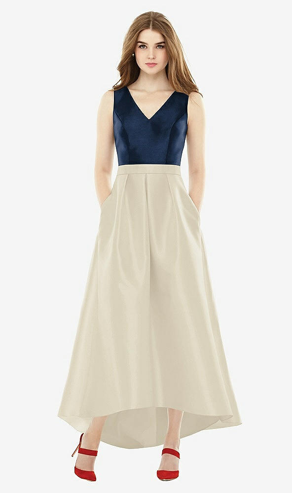 Front View - Champagne & Midnight Navy Sleeveless Pleated Skirt High Low Dress with Pockets
